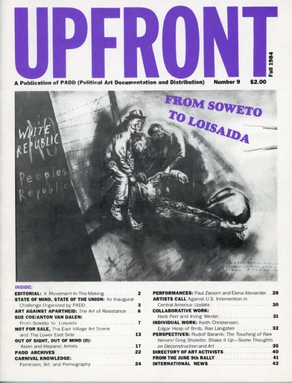 Cover of Upfront magazine shows a detail from Coe's piece "NO People's Republic," 1983