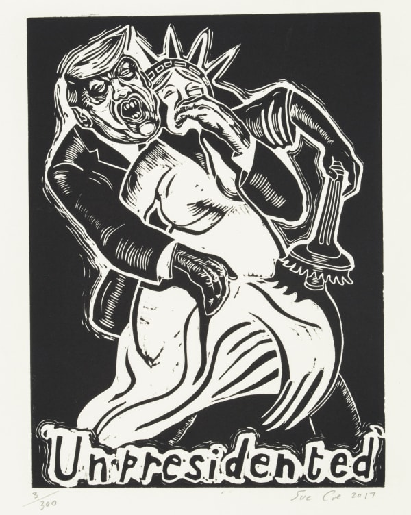 Linocut by Sue Coe in the style of Kollwitz showing a caricature of Donald Trump grabbing the Statue of Liberty from behind