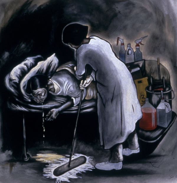 Drawing by Sue Coe shows a hospital worker cleaning vomit from the floor below the bedside of a patient named Mary.