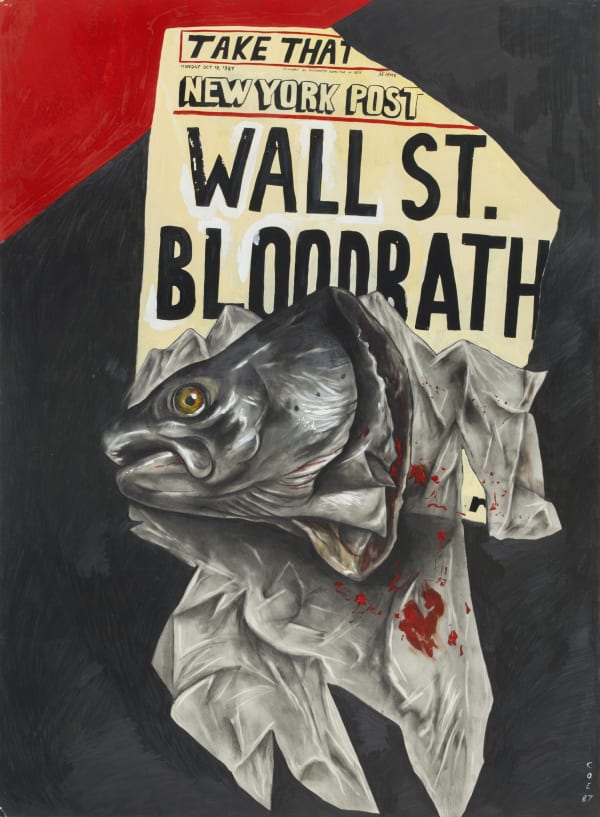 Drawing by Sue Coe showing a fish head wrapped in a newspaper that reads "Wall St Blood Bath": Wall Street Bloodbath, 1987. Graphite, watercolor and gouache on ivory Strathmore Bristol board. 30 x 22 in (76.2 x 55.9 cm)