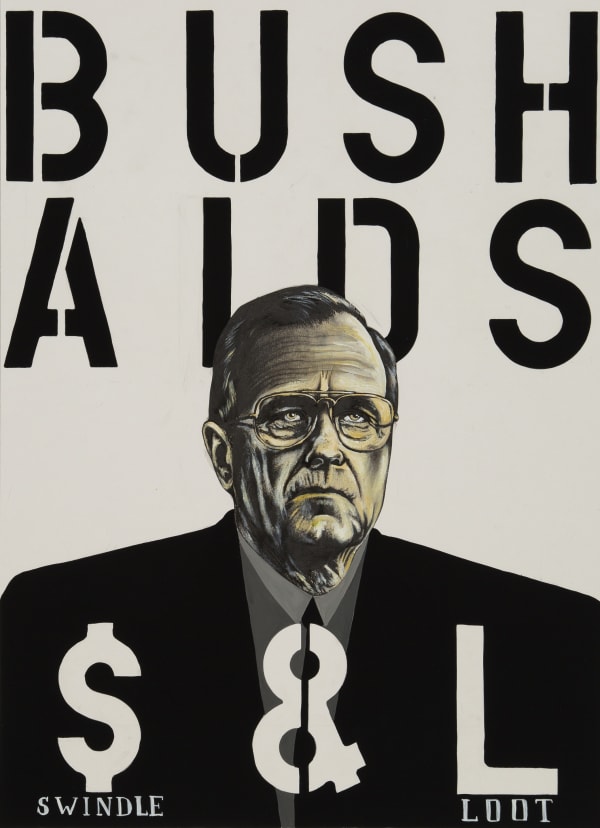 Drawing by Sue Coe showing George W. Bush, with the words Bush AIDS S & L (Savings and Loan), a scandal of the time).