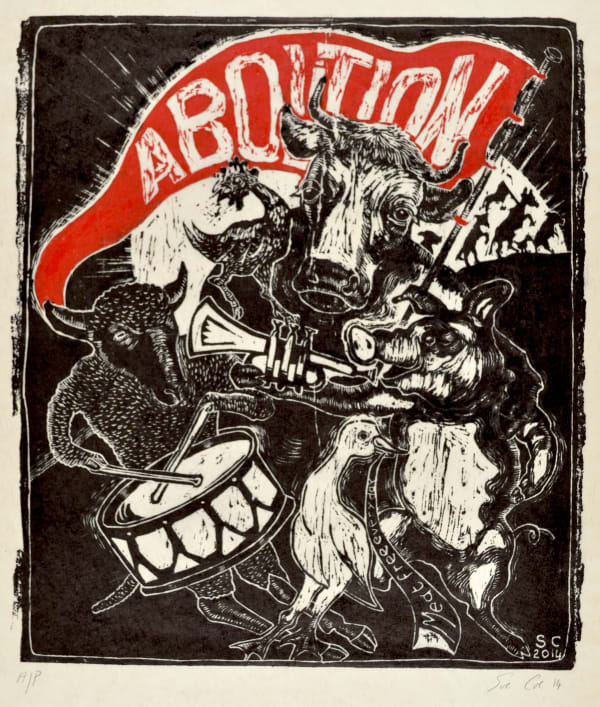 Woodcut by Sue Coe featuring animals marching together holding a banner up that reads "abolition," in the style of Kollwitz