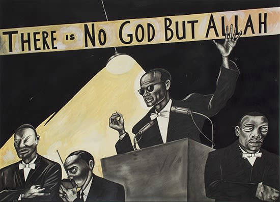 Painting by Sue Coe showing Malcolm X speaking at a podium; a banner above him reads "There is No God but Allah": There is No God But Allah, 1985. Gouache and graphite on paper. 22 x 30 in (55.9 x 76.2 cm)