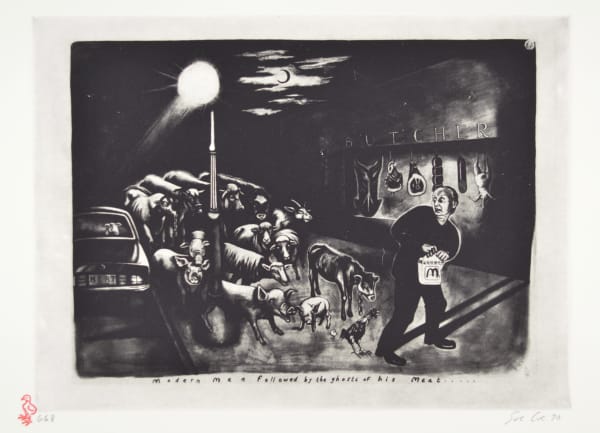 Modern Man Followed by the Ghosts of His Meat, 1990. Photo-etching, shows a man being followed by the ghosts of all of the animals he has eaten