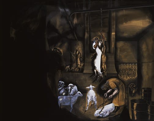 Painting by Sue Coe showing the exsanguination process
