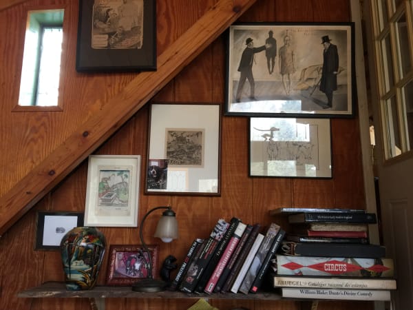 Artworks on the walls of Sue Coe's studio in upstate New York