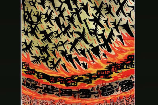 Sketchbook page by the artist showing a reddish-orange sky filled with dive-bombing black fighter jets