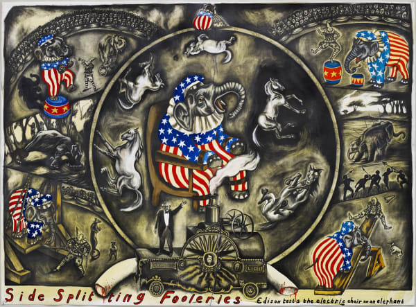 Side-Splitting Fooleries: Edison Tests the Electric Chair on an Elephant, 2007. Graphite, gouache, and watercolor on white Strathmore Bristol board. 40 x 54 1/2 in (101.6 x 138.4 cm)