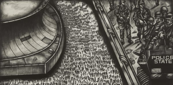 Drawing by Sue Coe of people herded into the Superdome to escape Hurricane Katrina