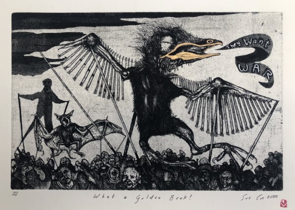 What a Golden Beak! (They Want War), 1999. Etching and hand coloring.