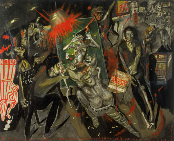 Woman Walks into Bar - Is Raped by Four Men on the Pool Table - While 20 Watch, 1983. Mixed media and collage 7' 7 5/8" x 9' 5 1/4" (232.7 x 287.7 cm). Digital Image © The Museum of Modern Art/Licensed by SCALA / Art Resource, NY 