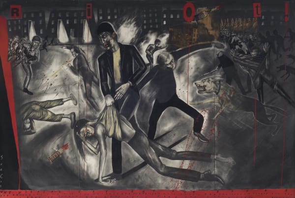 Riot, 1984. Mixed media and collage on paper. 38 7/8 × 57 1/4 in (98.7 × 145.4 cm)