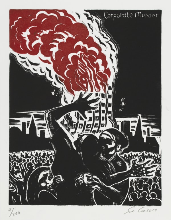 Grenfell Tower (Corporate Murder), 2017. Linocut on white Rives paper. 11" x 8 1/2" (27.9 x 21.6 cm)