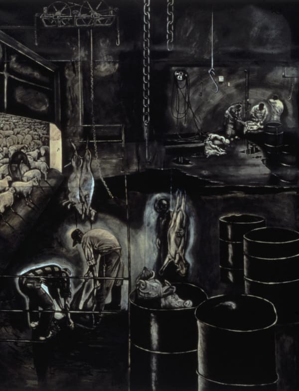 Painting of an interior shot of a slaughterhouse in Tucson, Arizona