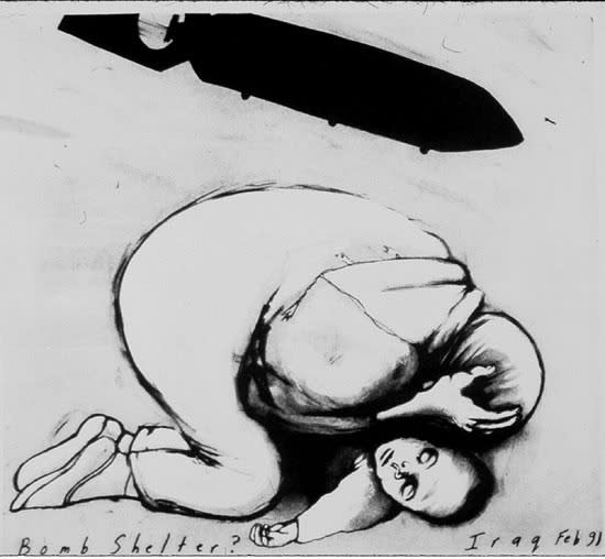 Etching by Sue Coe showing a bomb falling on a mother who is crying over what appears to be a dead child