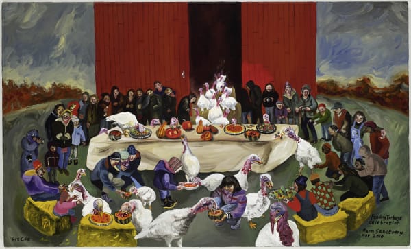 Feeding Turkeys (Celebration at Farm Sanctuary), 2010. Oil on canvas. 24 x 40 in (61 x 101.6 cm)