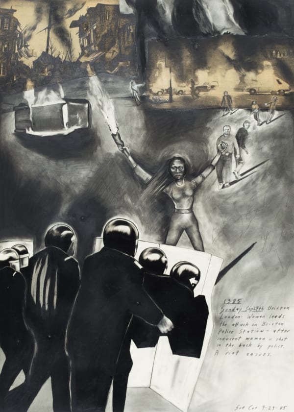 Drawing by Sue Coe showing police confronting an unarmed rioter