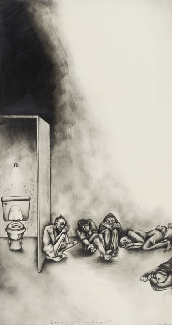 Drawing by Sue Coe showing homeless women living in the bathroom at Penn Station, New York City
