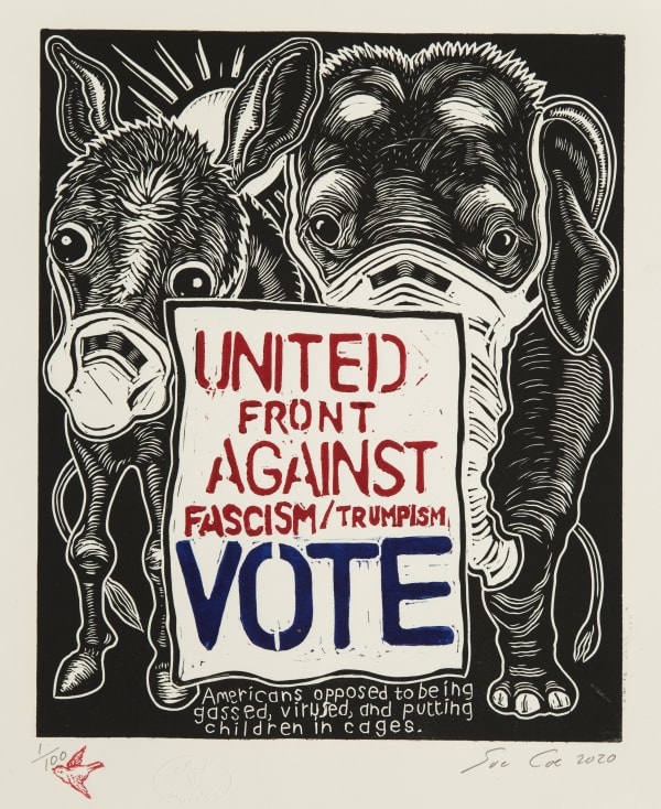 Linocut in three colors by Sue Coe features a masked donkey and elephant holding a sign together that says "united fight against fascism/Trumpism: VOTE"