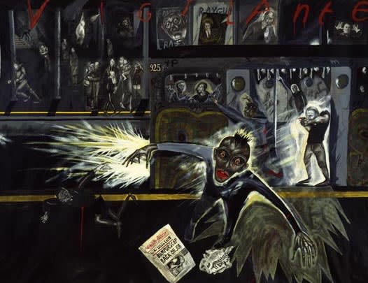 Painting by Sue Coe showing the infamous Bernard Goetz subway shooting incident: Vigilante, 1985, Mixed media and collage on canvas, 96 x 120 in (243.8 x 304.8 cm) © Sue Coe