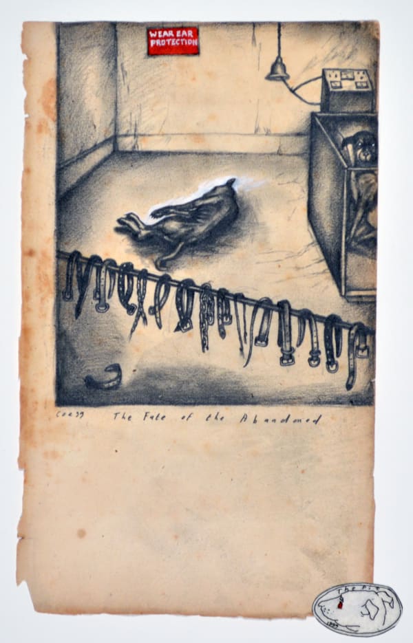 Drawing by Sue Coe showing a dog euthanized in the pound. The Fate of the Abandoned, 1999. Watercolor and graphite on sketchbook page mounted on white Strathmore Bristol board. 29 x 23 in (73.6 x 58.4 cm)