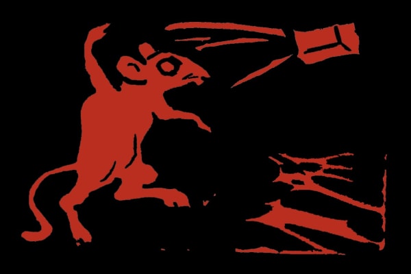 Woodcut stamp in black on red of Ignatz from Krazy Kat throwing a brick
