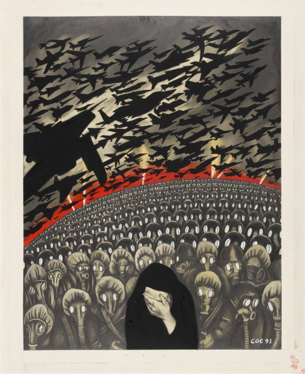 Painting by sue Coe shows the artist with her head in her hands while war planes fly overhead and people in gas masks assembled behind her