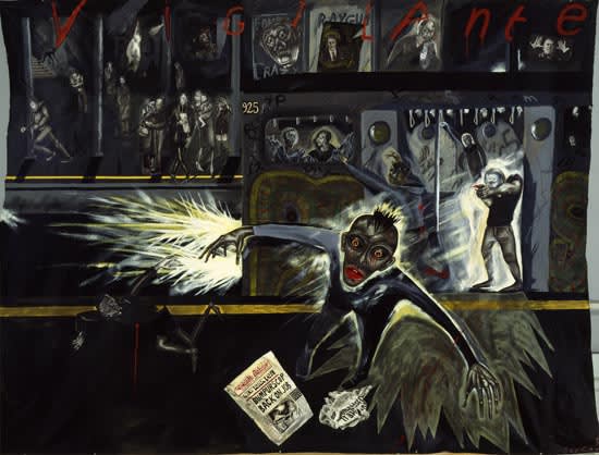 Expressionist painting by Sue Coe illustrating the moment Bernard Goetz shot four young men on the subway after they allegedly tried to rob him.