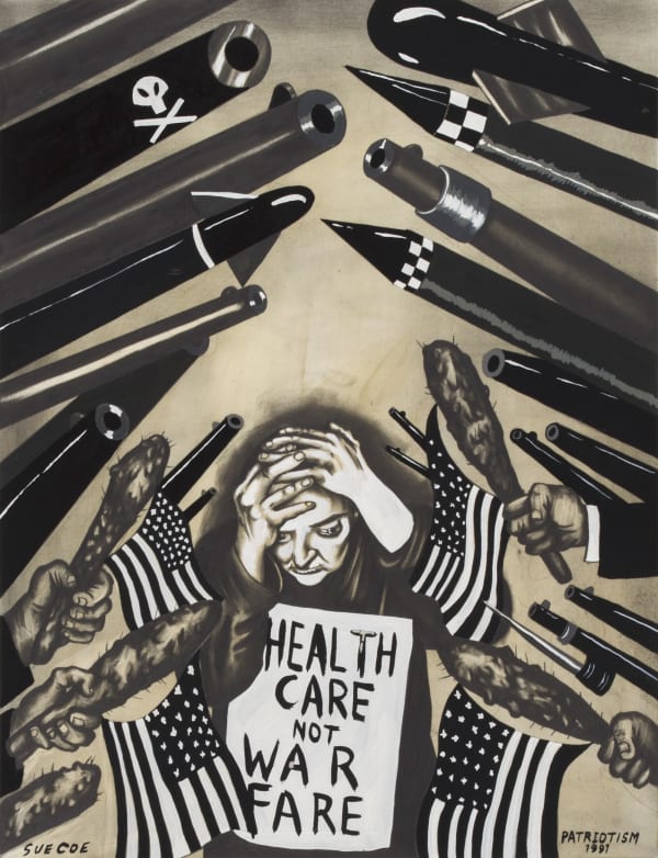 Drawing by Sue Coe showing a woman with hear head in her hands, surrounded by missiles. A sign around her neck reads "Health Care Not War Fare"