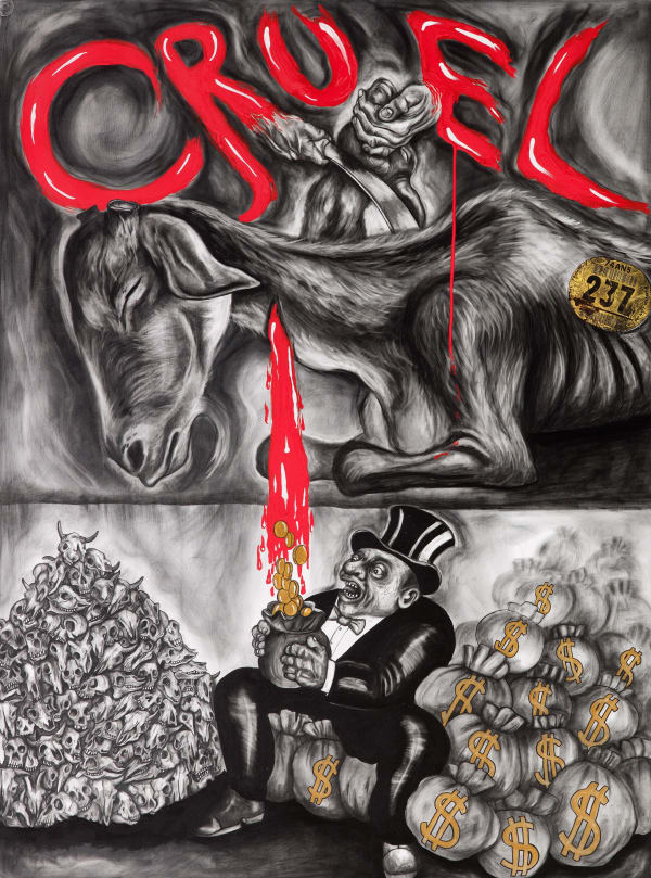 Cover of Cruel book shows a robber baron sitting with piles of money collecting the blood of a slaughtered lamb