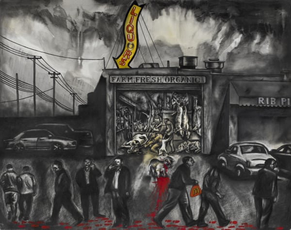 Drawing showing people walking by a slaughterhouse, seeming not to notice