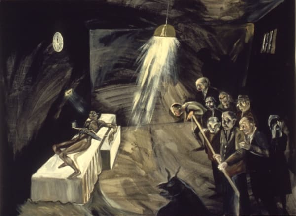 Painting by Sue Coe shows a man being put to death while people watch. Painting: Death by Lethal Injection, 1984. Gouache and watercolor on paper. 38 x 49 1/2 in (96.5 x 125.7 cm)