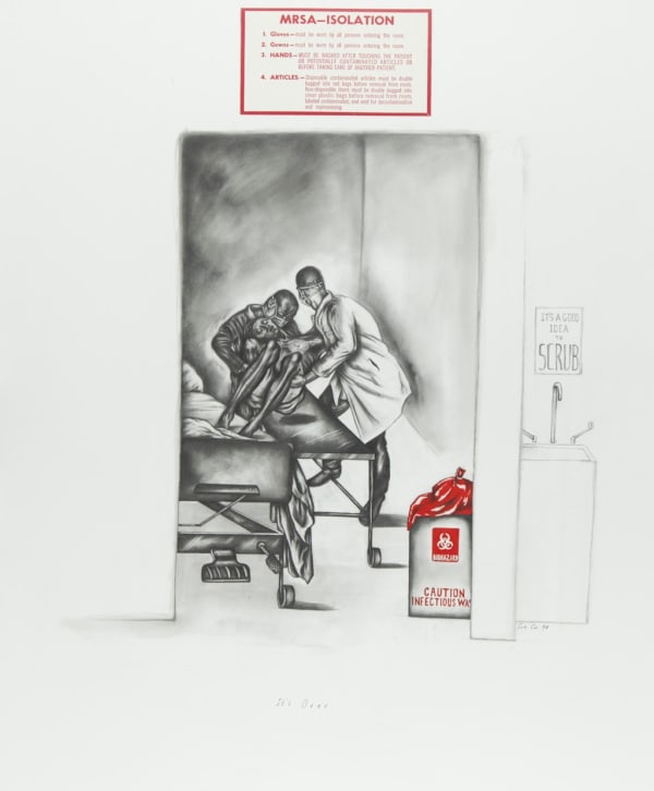 Drawing by Sue Coe showing a dead AIDS patient being lifted off of a bed