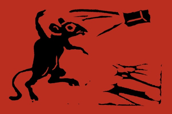 Placeholder image of Ignatz from the comic strip Krazy Kat. Ignatz throws a brick. Coe uses this image on many of her prints