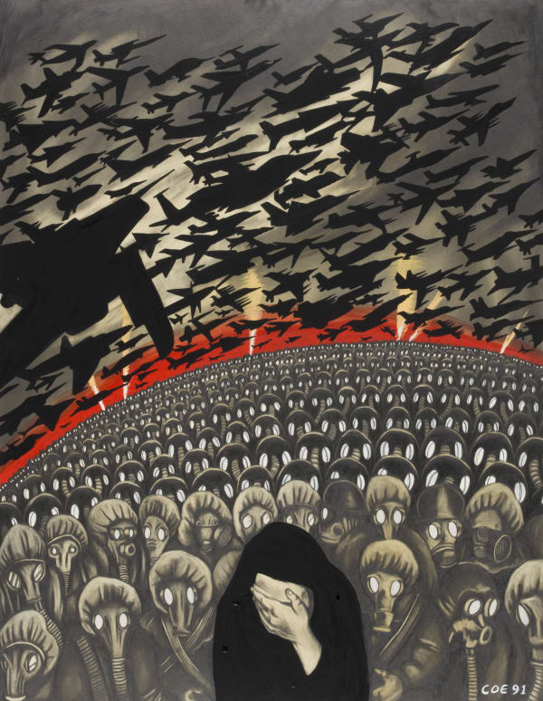 Sue Coe painting "War" showing the artist holding her head in her hands, while a crowd of people wear gas masks and planes fly overhead