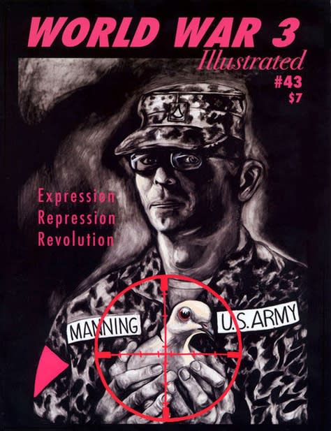 Cover of World War 3 Illustrated features the Sue Coe drawing "Revealing War Crimes Becomes a War Crime," 2011