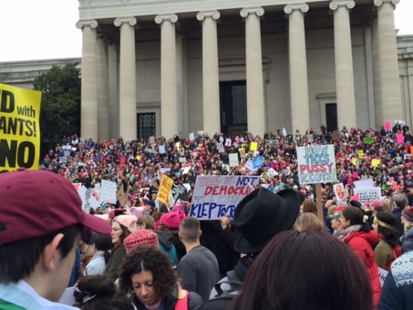 Photograph of protesters holding signs, standing in front of a building with ionic columns