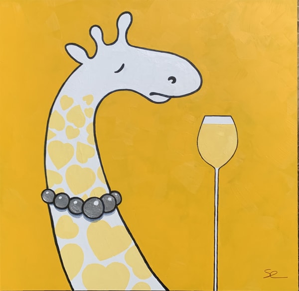 Humorous female giraffe with glass of wine acrylic painting