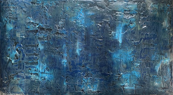 Blue resin and oil painting on aluminium plate. Ebb and flow series of contemporary art by Stephen Charlton
