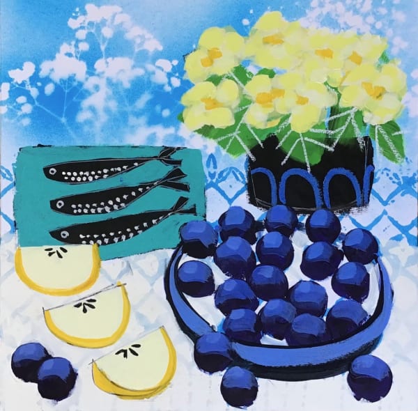 Relton Marine Little Primula and Grapes, 2024 Acrylic on paper, framed in white 50 x 50cm