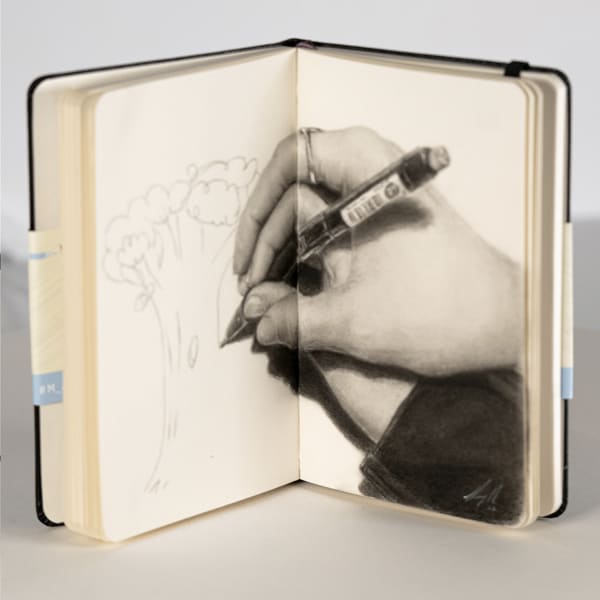 drawing of a hand holding a pencil about to draw