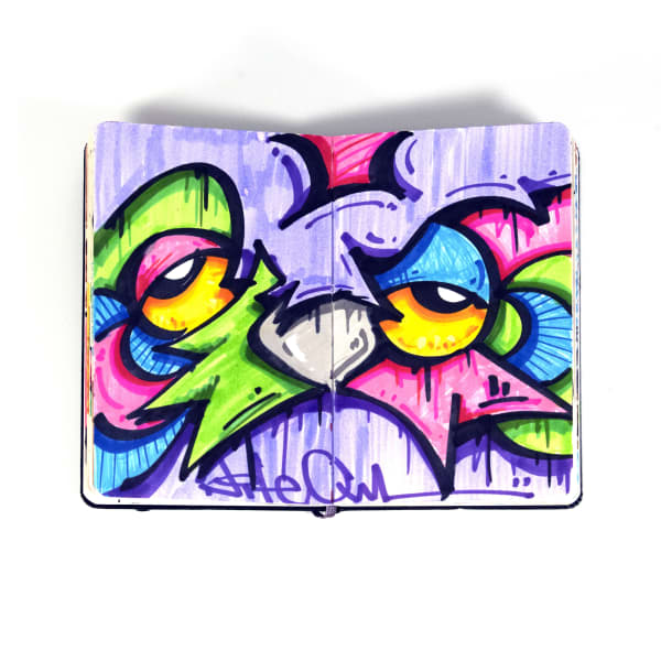 purple, pink, and green owl with yellow tired eyes