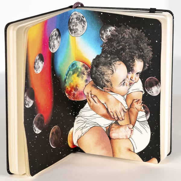 illustration of two children holding each other drawn inside of a notebooj