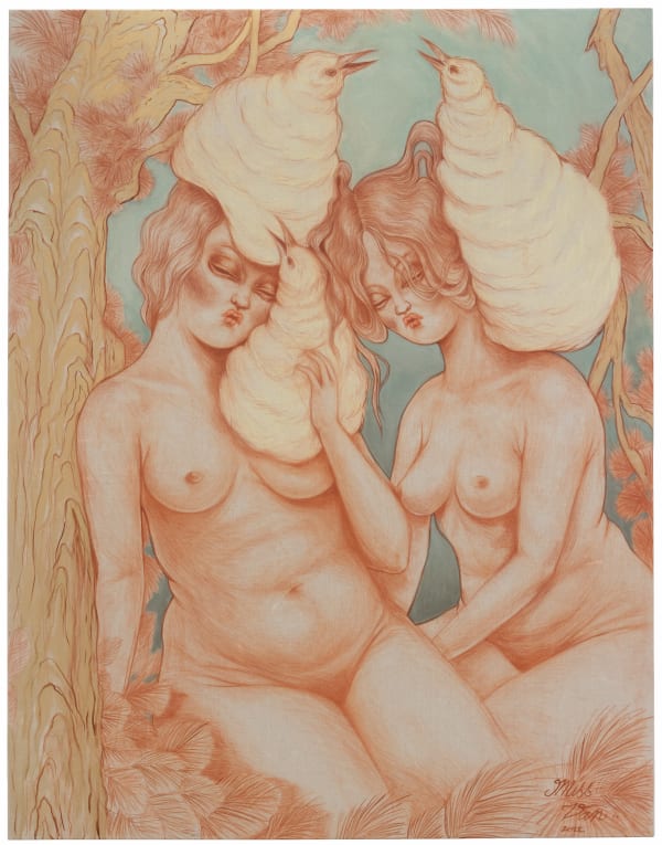 painting of two muses with three birds by Miss Van