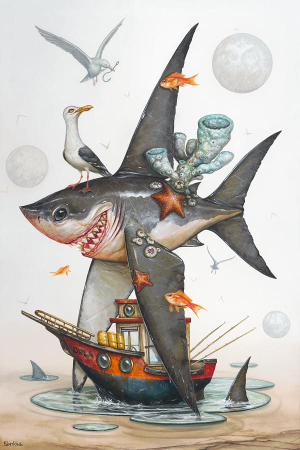 surrealistic painting of a shark and boat
