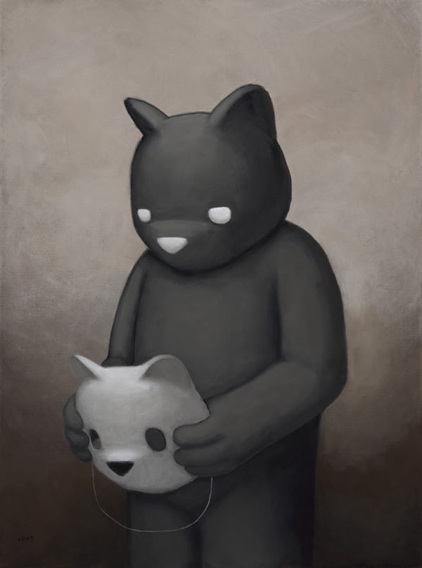 painting of a black bear holding a white bear mask by Luke Chueh