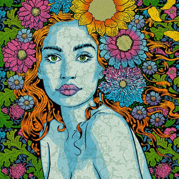 Chuck Sperry print of woman with flowing hair decorated with flowers