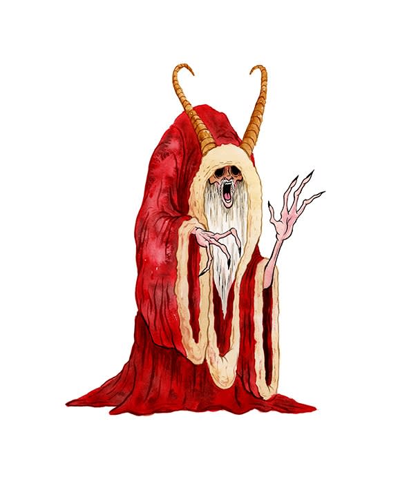 Alex Pardee Krampus ghoulish figure with red robe 'Harman Projects Toy Drive!' written at top