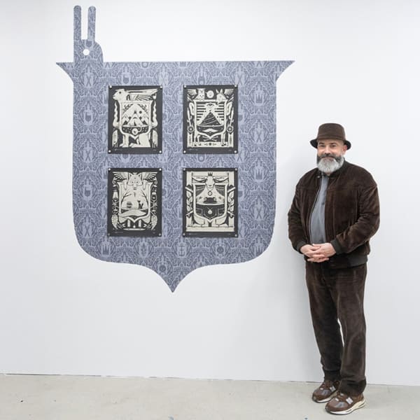 image of artist Jeremy Fish at the opening reception of his exhibition "The Moral Compass" at Harman Projects, San Francisco