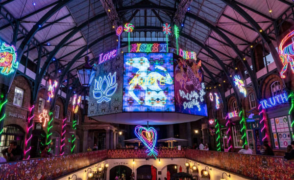 Chila Burman unveils neon dreamland at Covent Garden market
